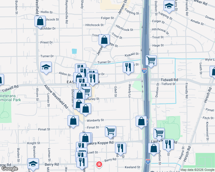 map of restaurants, bars, coffee shops, grocery stores, and more near 3012 La Estancia Lane in Houston