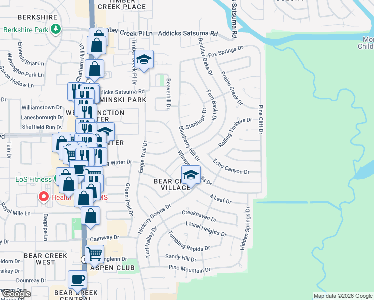 map of restaurants, bars, coffee shops, grocery stores, and more near 15835 Fern Basin Drive in Houston