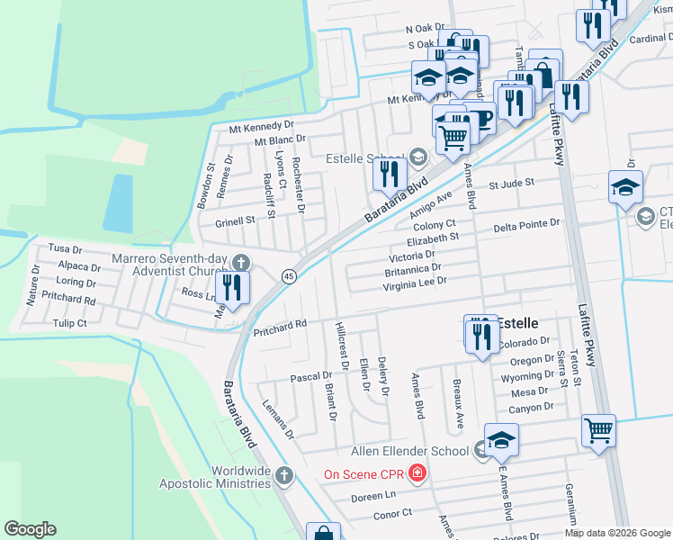 map of restaurants, bars, coffee shops, grocery stores, and more near 3805 Hillcrest Drive in Marrero