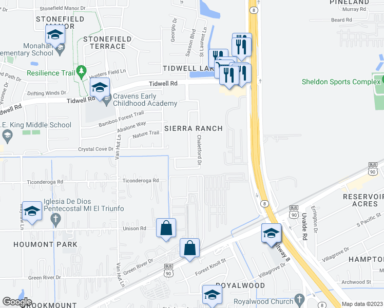 map of restaurants, bars, coffee shops, grocery stores, and more near 8506 Doskocil Drive in Houston