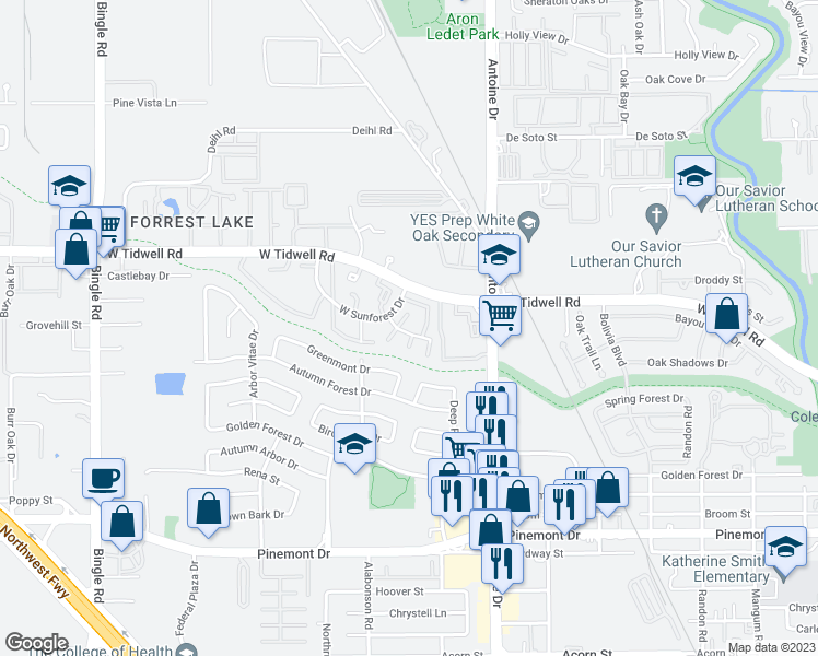 map of restaurants, bars, coffee shops, grocery stores, and more near 5802 Village Forest Court in Houston