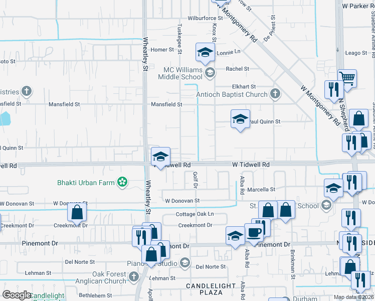 map of restaurants, bars, coffee shops, grocery stores, and more near 5616 Tuskegee Street in Houston