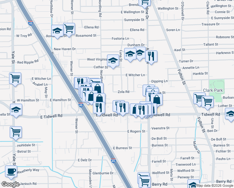 map of restaurants, bars, coffee shops, grocery stores, and more near 5603 Beatrice Street in Houston