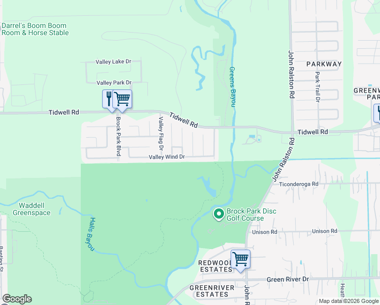 map of restaurants, bars, coffee shops, grocery stores, and more near 8619 Valley Rock Drive in Houston