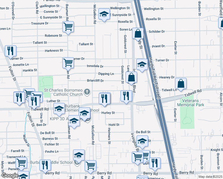 map of restaurants, bars, coffee shops, grocery stores, and more near 814 Briarcliff Drive in Houston