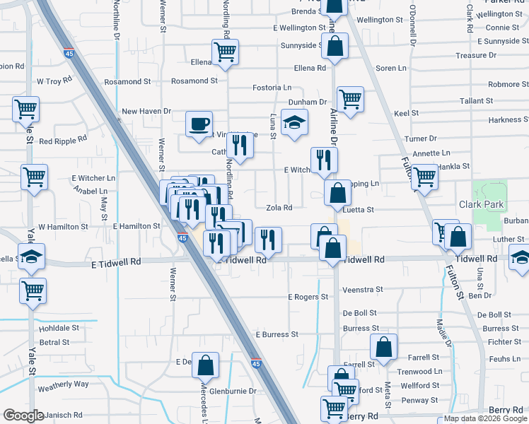 map of restaurants, bars, coffee shops, grocery stores, and more near 5603 Beatrice Street in Houston