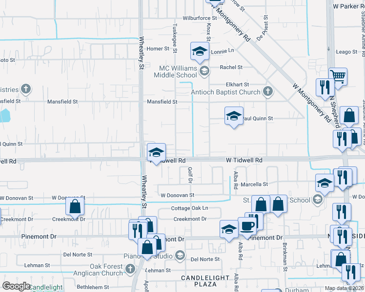 map of restaurants, bars, coffee shops, grocery stores, and more near 5616 Tuskegee Street in Houston
