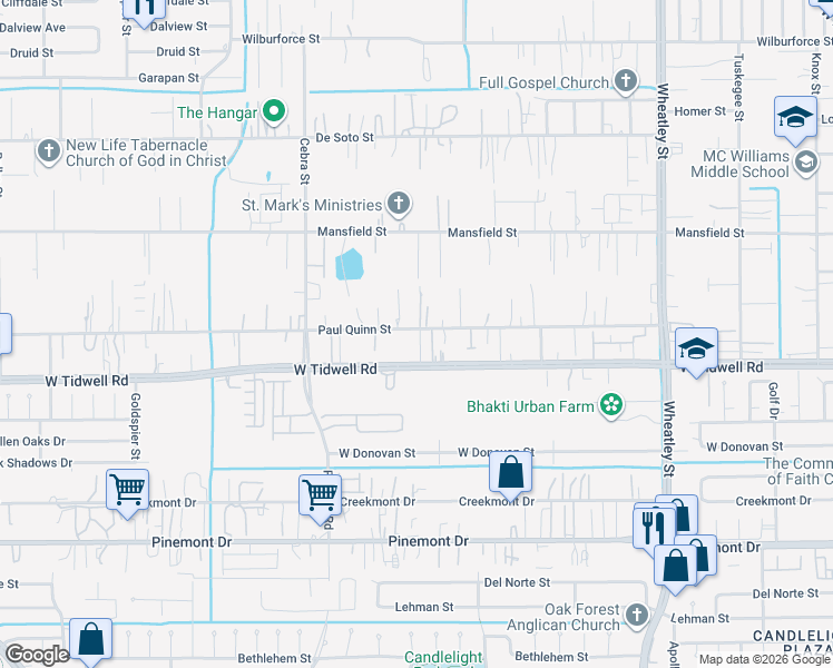 map of restaurants, bars, coffee shops, grocery stores, and more near 1832 Paul Quinn Street in Houston