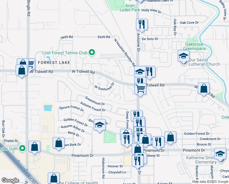 map of restaurants, bars, coffee shops, grocery stores, and more near 5864 Village Forest Court in Houston