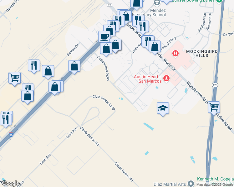 map of restaurants, bars, coffee shops, grocery stores, and more near 1350 Sadler Drive in San Marcos