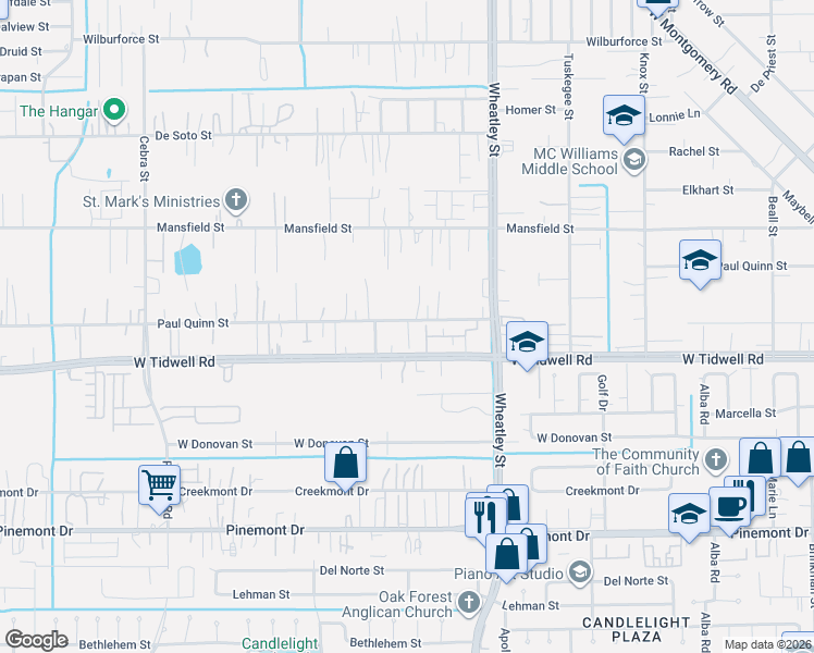 map of restaurants, bars, coffee shops, grocery stores, and more near 1318 Paul Quinn Street in Houston