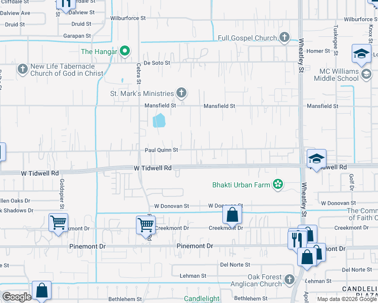map of restaurants, bars, coffee shops, grocery stores, and more near 1832 Paul Quinn Street in Houston