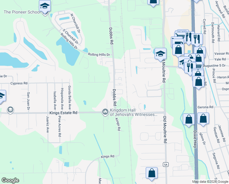 map of restaurants, bars, coffee shops, grocery stores, and more near 725 Cypress Road in St. Augustine