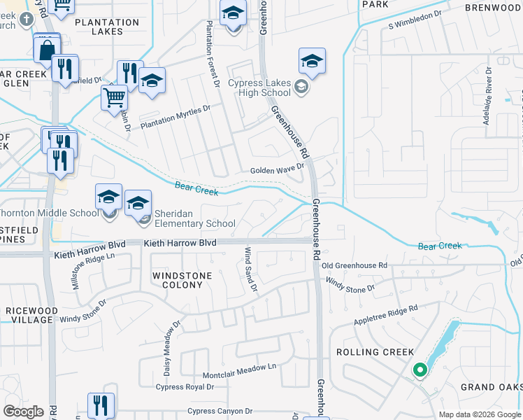map of restaurants, bars, coffee shops, grocery stores, and more near 19223 Sky Timbers Lane in Katy