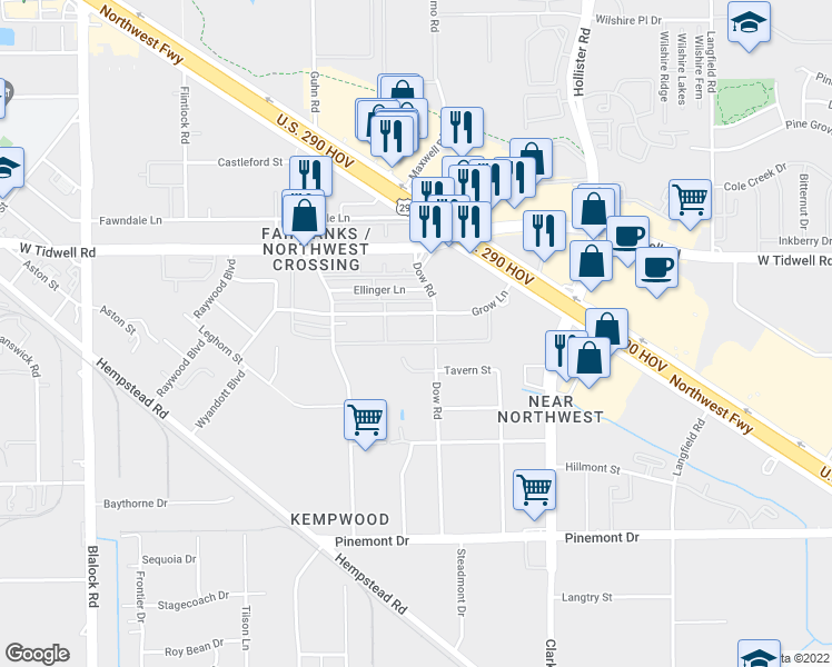 map of restaurants, bars, coffee shops, grocery stores, and more near 8047 Grow Lane in Houston