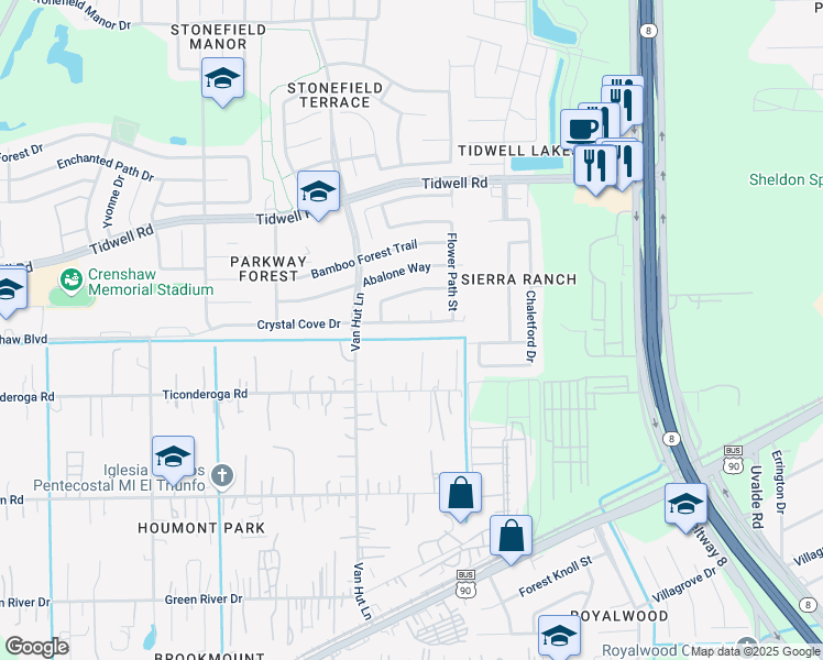 map of restaurants, bars, coffee shops, grocery stores, and more near 13102 Crystal Cove Drive in Houston