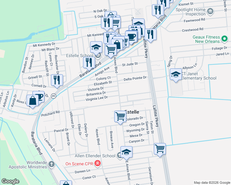 map of restaurants, bars, coffee shops, grocery stores, and more near 2712 Britannica Drive in Marrero