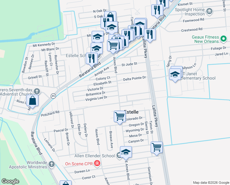 map of restaurants, bars, coffee shops, grocery stores, and more near 2712 Britannica Drive in Marrero