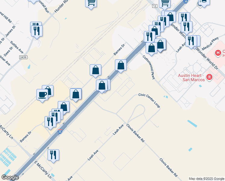 map of restaurants, bars, coffee shops, grocery stores, and more near 2585 Interstate 35 in San Marcos