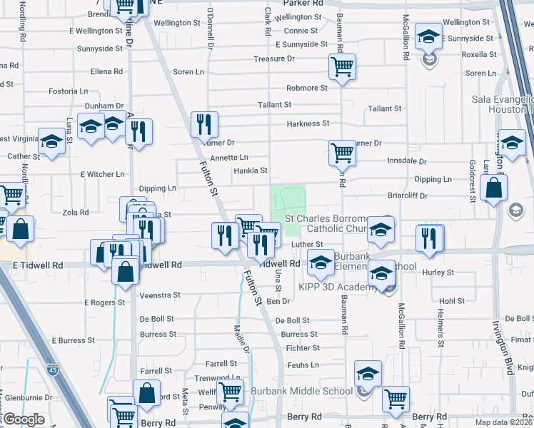 map of restaurants, bars, coffee shops, grocery stores, and more near 9718 Clark Road in Houston