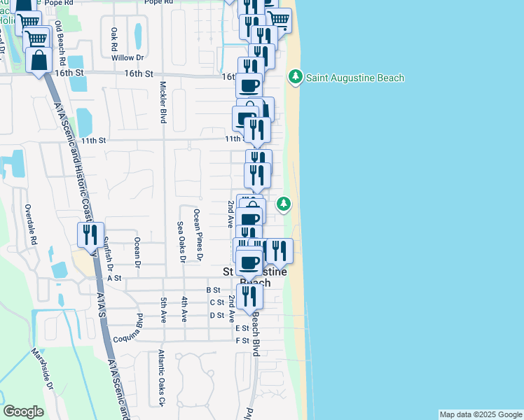 map of restaurants, bars, coffee shops, grocery stores, and more near 600 A1A Beach Boulevard in St. Augustine