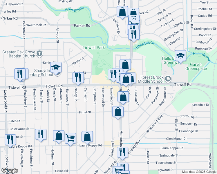 map of restaurants, bars, coffee shops, grocery stores, and more near 6513 Tidwell Road in Houston