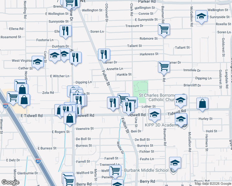 map of restaurants, bars, coffee shops, grocery stores, and more near 9812 Fulton Street in Houston