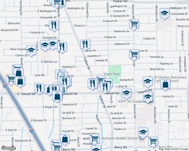 map of restaurants, bars, coffee shops, grocery stores, and more near 9812 Fulton Street in Houston