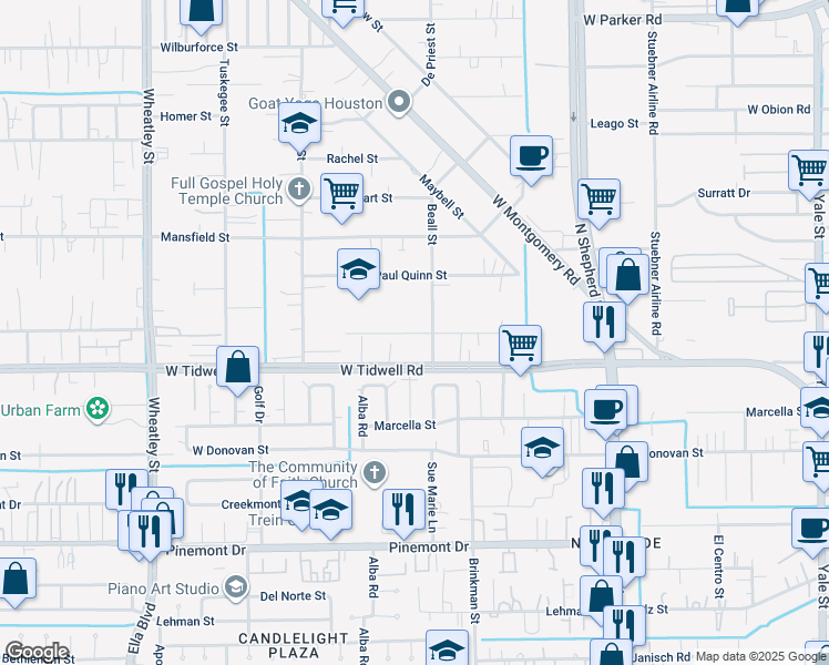 map of restaurants, bars, coffee shops, grocery stores, and more near 5610 Beall Street in Houston