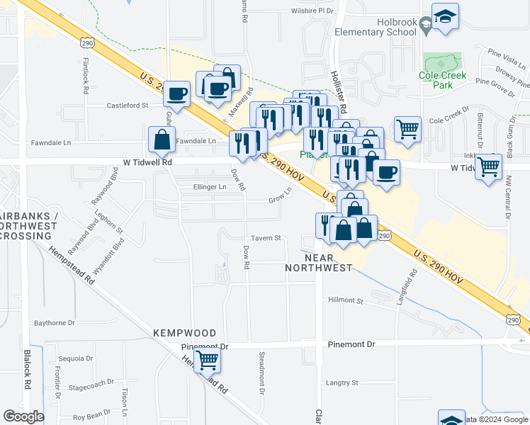 map of restaurants, bars, coffee shops, grocery stores, and more near 7835 Grow Lane in Houston