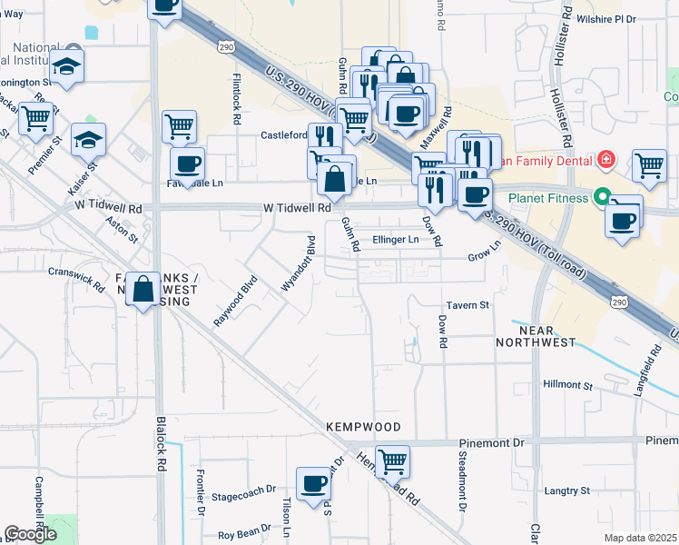 map of restaurants, bars, coffee shops, grocery stores, and more near 8103 Grow Lane in Houston