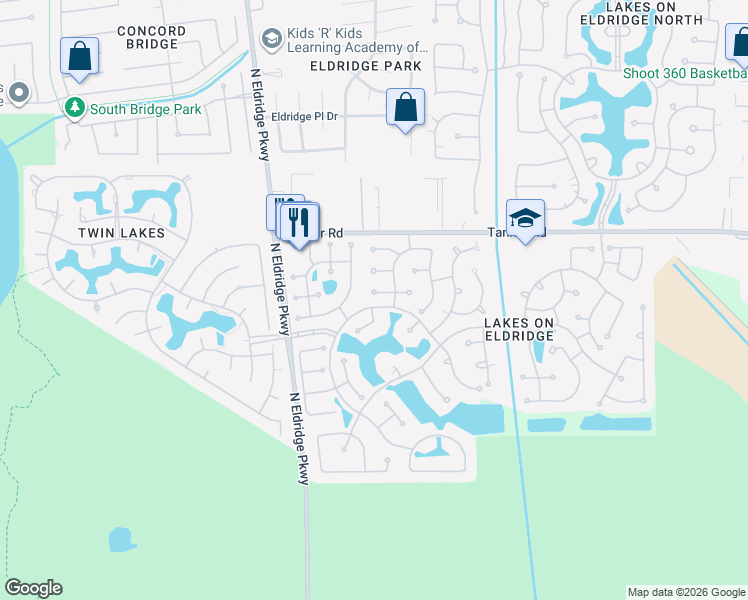 map of restaurants, bars, coffee shops, grocery stores, and more near 12722 Wilbury Park in Houston