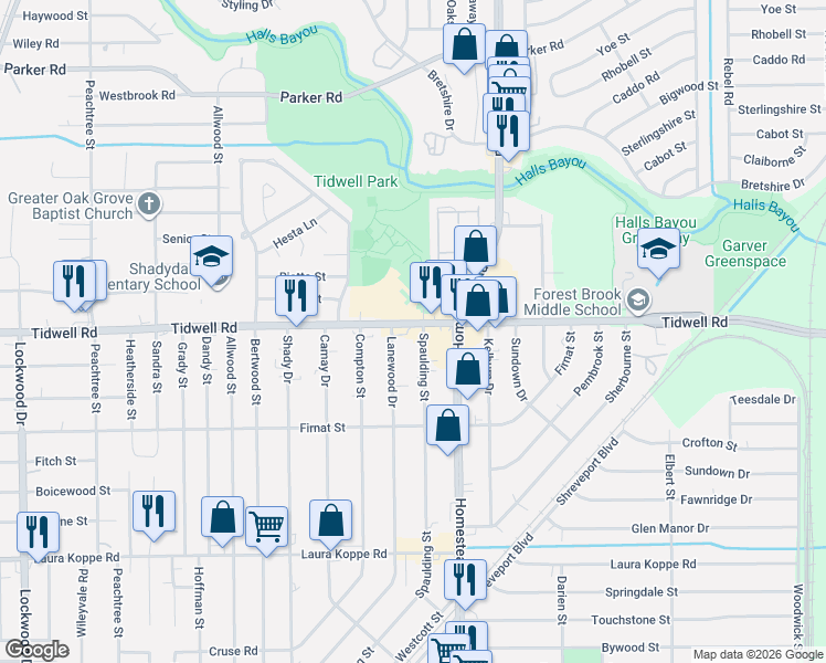 map of restaurants, bars, coffee shops, grocery stores, and more near 6513 Tidwell Road in Houston