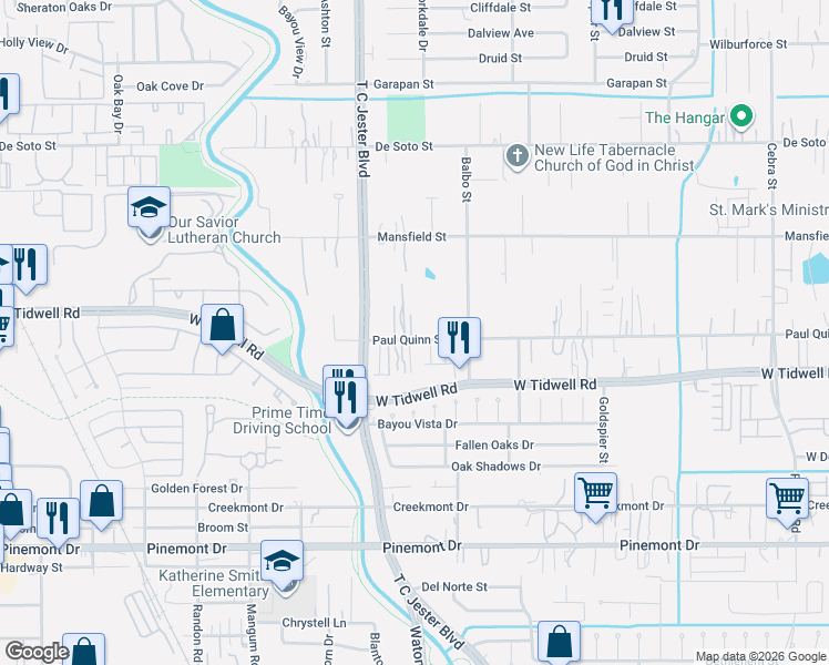 map of restaurants, bars, coffee shops, grocery stores, and more near 3314 Paul Quinn Street in Houston