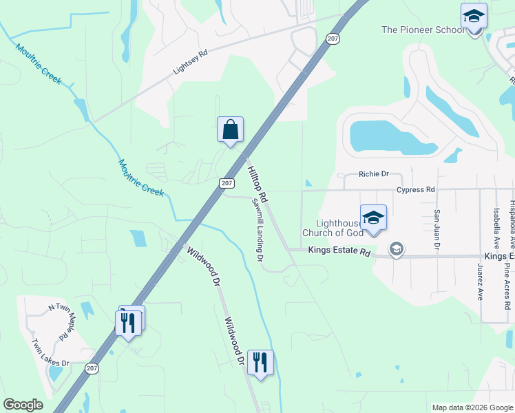 map of restaurants, bars, coffee shops, grocery stores, and more near 392 Sawmill Landing Drive in St. Augustine