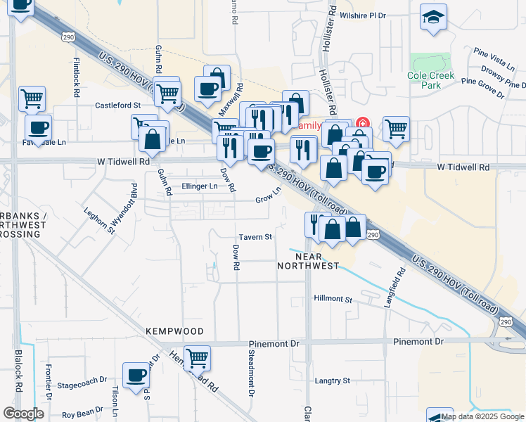 map of restaurants, bars, coffee shops, grocery stores, and more near 7835 Grow Lane in Houston