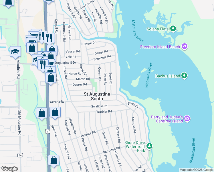 map of restaurants, bars, coffee shops, grocery stores, and more near 150 Egret Road in St. Augustine