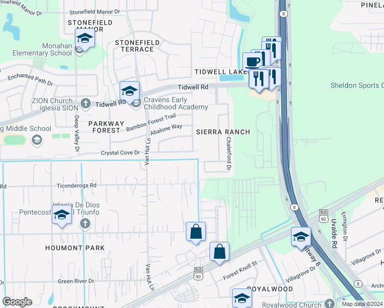 map of restaurants, bars, coffee shops, grocery stores, and more near 13138 Crystal Cove Drive in Houston