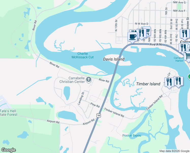 map of restaurants, bars, coffee shops, grocery stores, and more near 151 River Road in Carrabelle