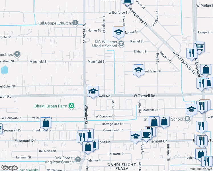 map of restaurants, bars, coffee shops, grocery stores, and more near 5616 Tuskegee Street in Houston