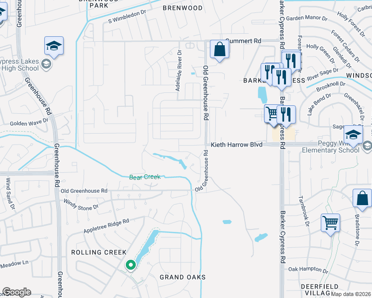 map of restaurants, bars, coffee shops, grocery stores, and more near 18546 Barwon River Court in Katy