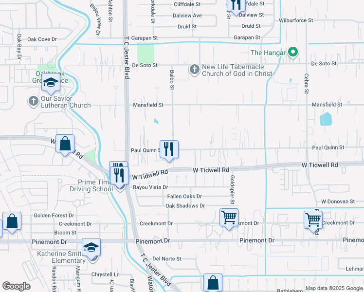 map of restaurants, bars, coffee shops, grocery stores, and more near 3106 Paul Quinn Street in Houston