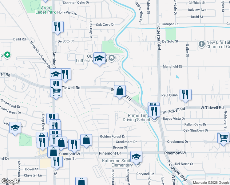 map of restaurants, bars, coffee shops, grocery stores, and more near 4926 Bayou Vista Drive in Houston
