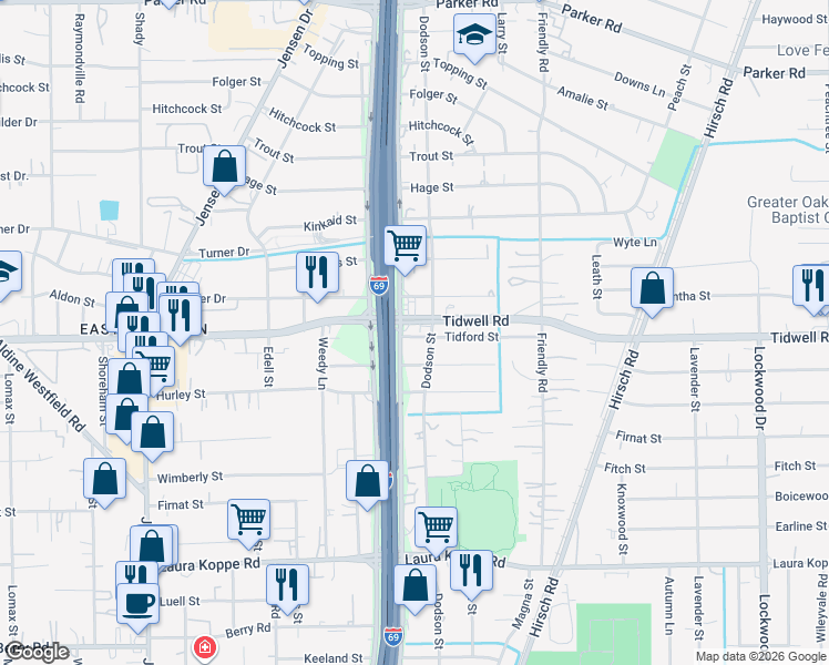 map of restaurants, bars, coffee shops, grocery stores, and more near 3614 Tidwell Road in Houston