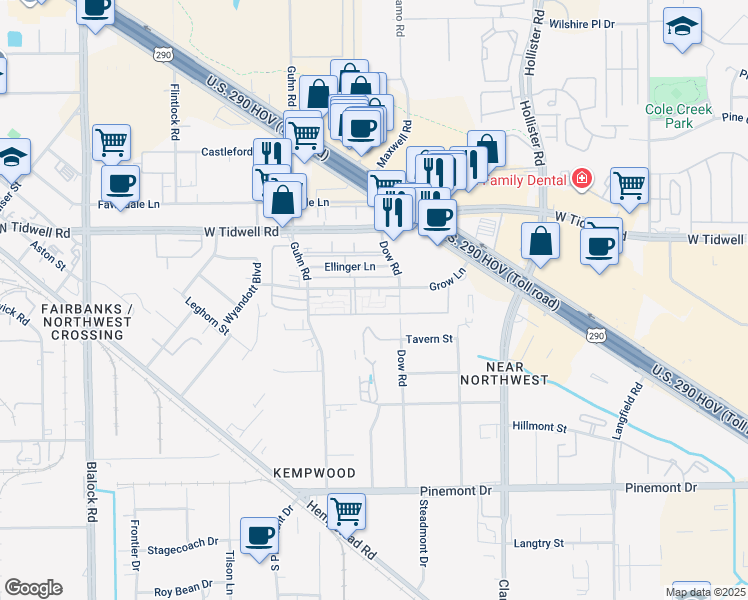 map of restaurants, bars, coffee shops, grocery stores, and more near 272 Grow Lane in Houston