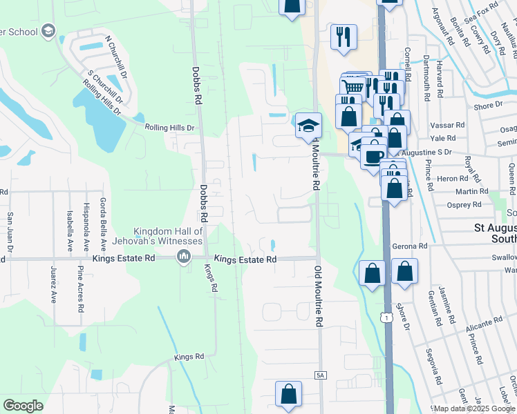 map of restaurants, bars, coffee shops, grocery stores, and more near 289 Mystic Castle Drive in St. Augustine