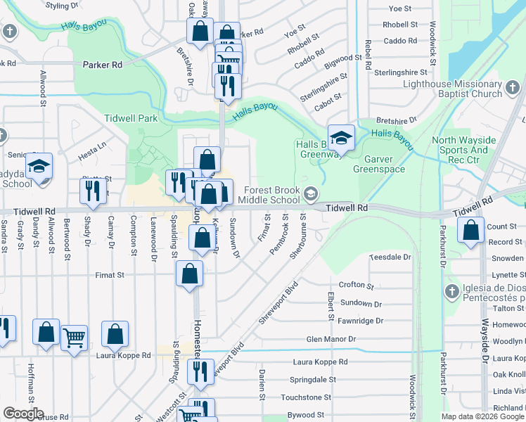 map of restaurants, bars, coffee shops, grocery stores, and more near 7320 Tidwell Road in Houston