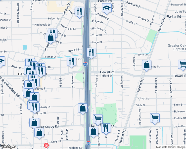 map of restaurants, bars, coffee shops, grocery stores, and more near 3614 Tidwell Road in Houston