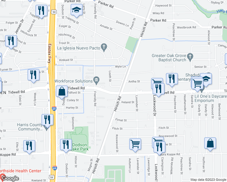 map of restaurants, bars, coffee shops, grocery stores, and more near 4317 Tidwell Road in Houston