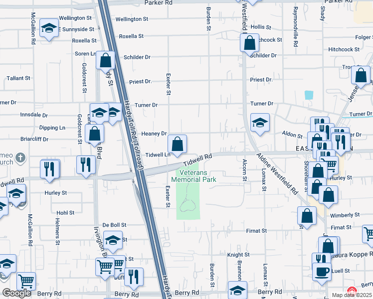 map of restaurants, bars, coffee shops, grocery stores, and more near 1833 Tidwell Lane in Houston